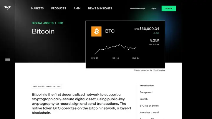Bullish website digital assets Bitcoin page